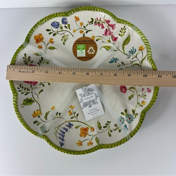 Shabby Chic Melamine Dinner Plates Floral Spring Scalloped Green Pink 4 pc NEW - Picture 9 of 10